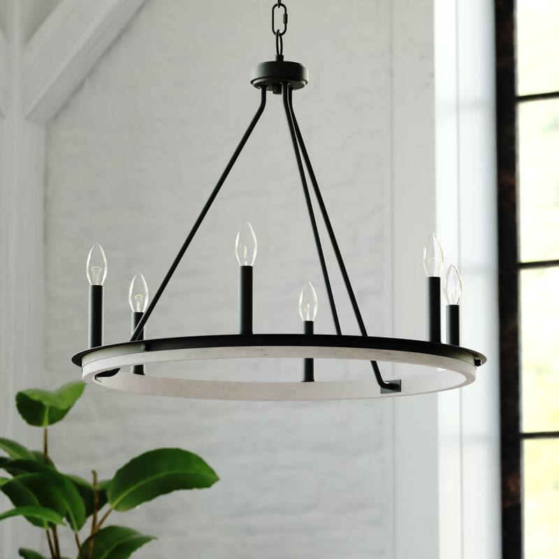 Russel 6 Light Matte Black and Weathered Gray Farmhouse Candle Wheel Chandelier - 24.75-in W x 21.5-in H x 24.75-in D - Matte Black and Weathered Gray - 24.75-in W x 21.5-in H x 24.75-in D