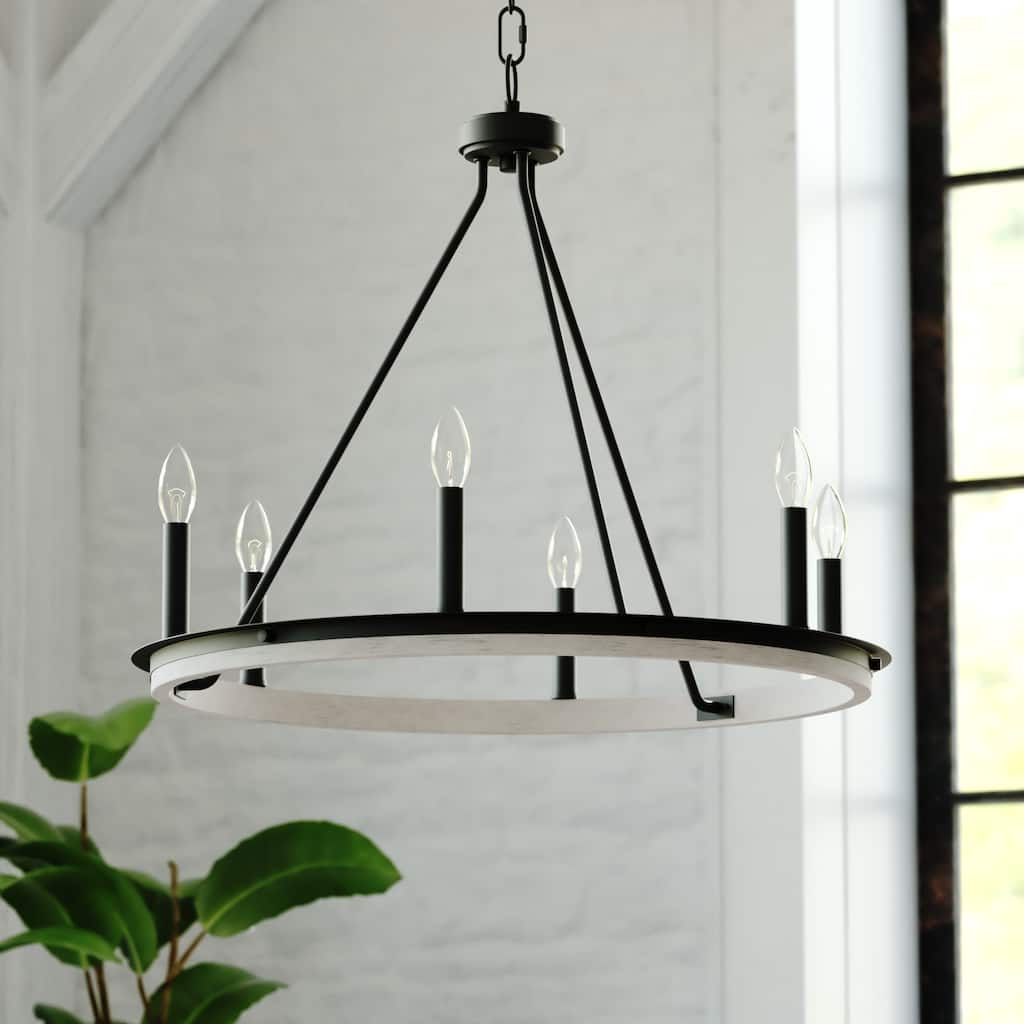 Russel 6 Light Matte Black and Weathered Gray Farmhouse Candle Wheel Chandelier - 24.75-in W x 21.5-in H x 24.75-in D