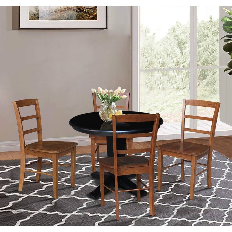 36 in Solid Wood Round Top Pedestal Dining Table with Dining Chairs in Black/Distressed Oak