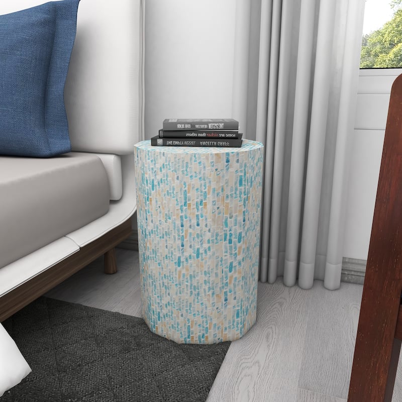 Blue Mother of Pearl Shell Handmade Mosaic Inlay Drum Accent Table