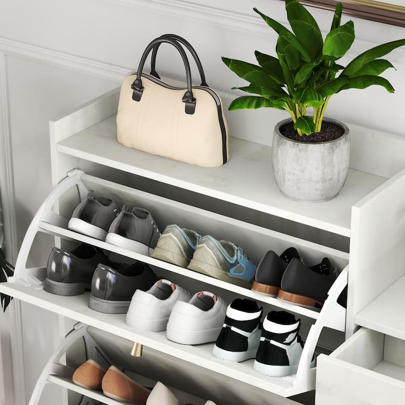 Freestanding Shoe Storage Cabinet, Narrow Hidden Shoe Rack with 3 Rattan Flip Drawers, 3 Square Shelves & 1 Storage Drawer