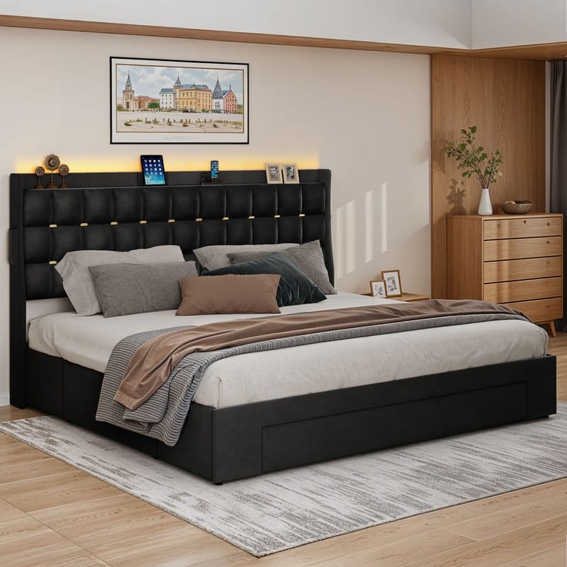 Moasis Queen/King Size Velvet Upholstered Bed with Charging Station and Storage Drawers