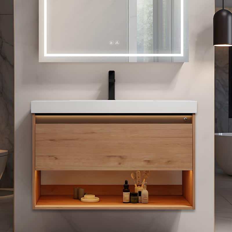 Blossom Bergen Wall Mounted Floating Bathroom Vanity with Sink - Oak - 36" Acrylic Sink