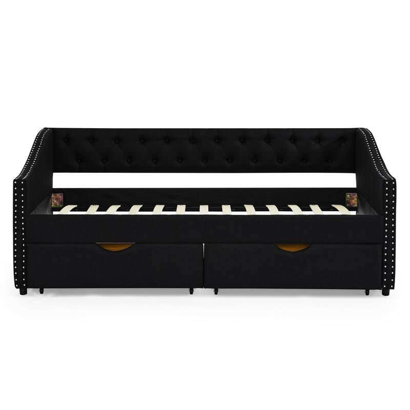Roomfitters Twin/Full/Queen Upholstered Daybed with Tufted Backrest, Nailhead Trim and Underbed Storage Trundle