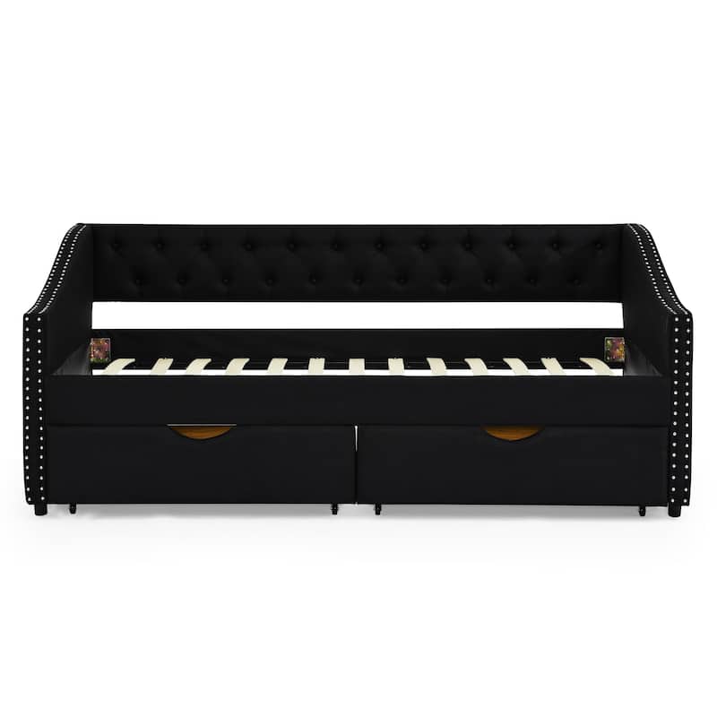 Tufted Button Daybed with 2 Storage Drawers/Upholstered Sofa Bed Frame w/Copper Nail on Waved Shape Armrests/No Spring Box Need