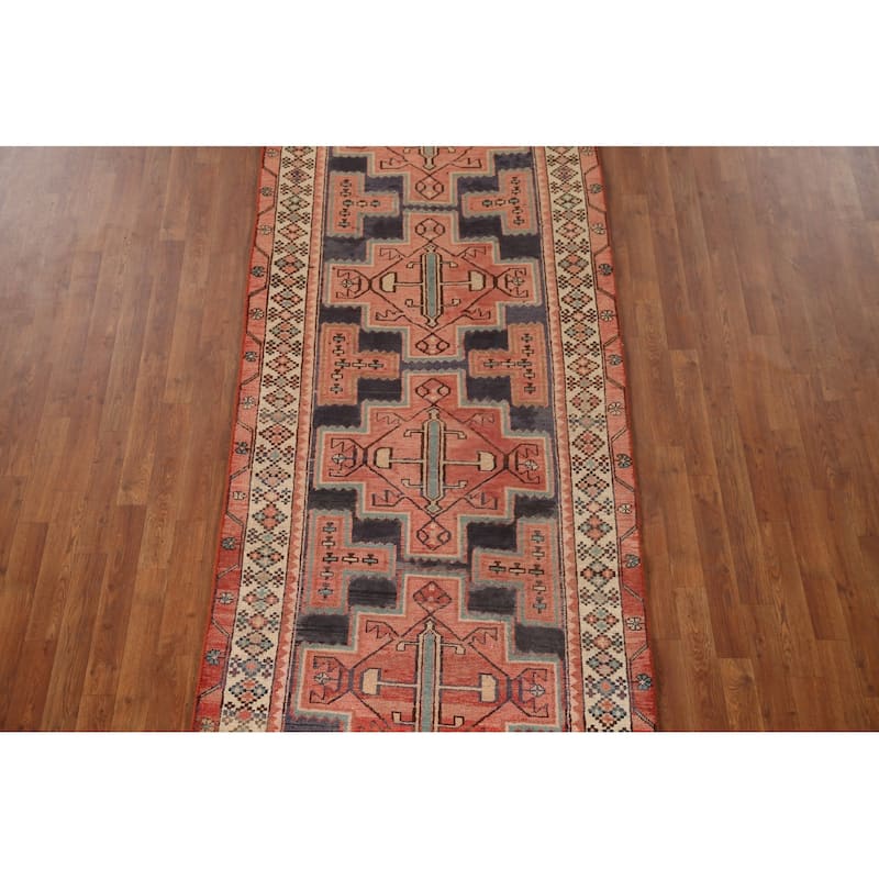 Geometric Pink Ardebil Persian Vintage Runner Rug Handmade Wool Carpet - 3'9"x 10'0"