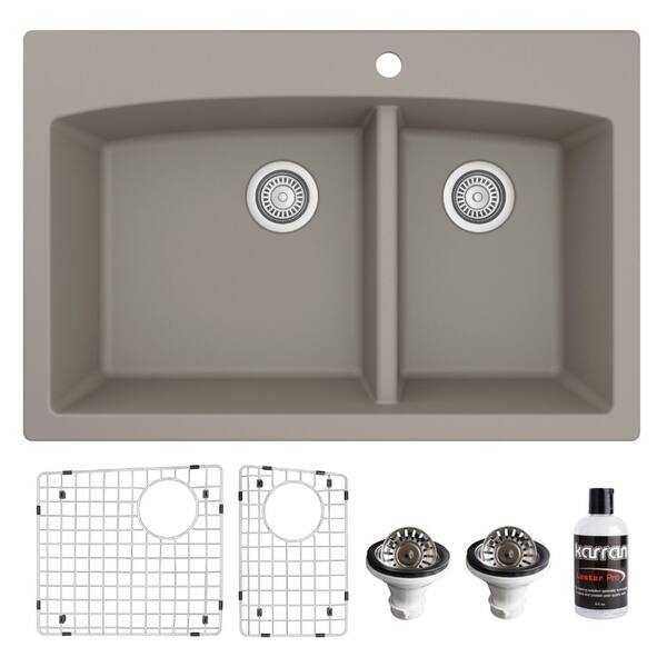 slide 2 of 59, Karran Drop-In Quartz 33 in. 1-Hole 60/40 Double Bowl Kitchen Sink Kit Concrete