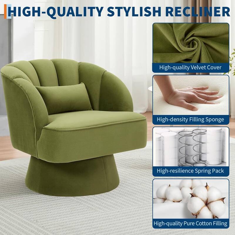 Velvet Upholstered 360° Swivel Accent Chair, Barrel Lounge Chair for Living, Bedroom Reading Nook