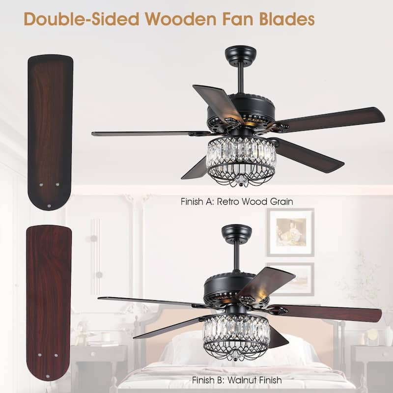 52" Modern Crystal Ceiling Fan Chandelier with Remote,2 Bulbs,Reversible DC Motor,5 Plywood Blades - 52 Inches