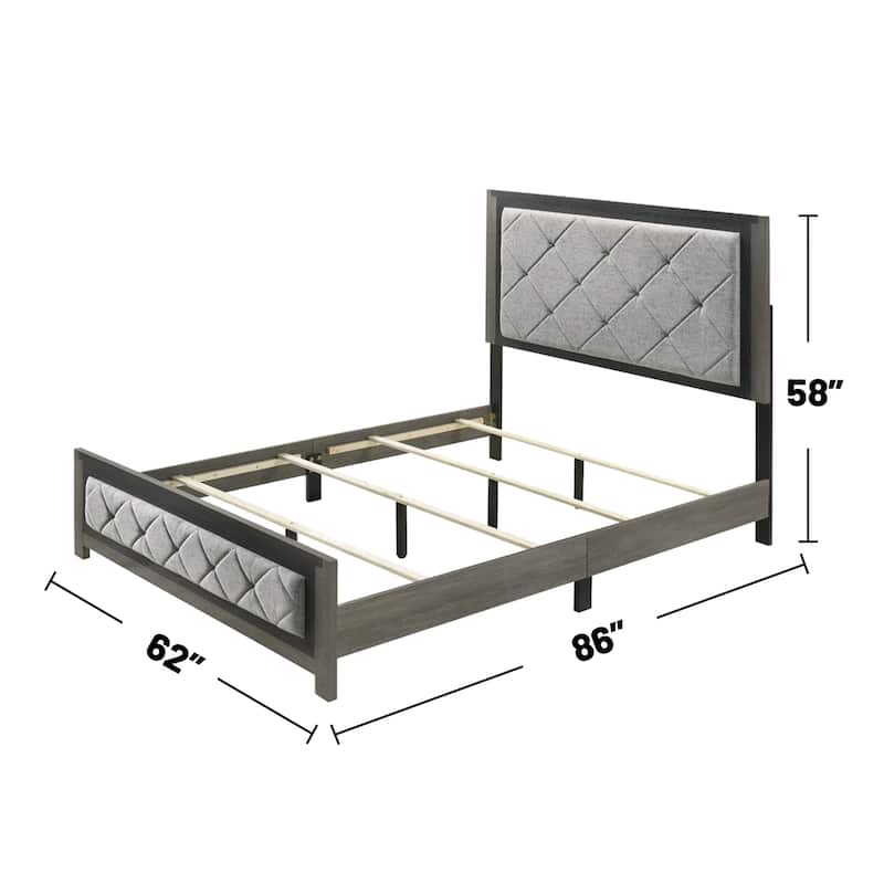 Linen Upholstered Bed with Lozenge Design in Gray