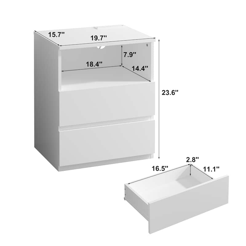 Nightstand with Charging Station, Sofa Side Table with Open Shelves & 2 Drawers, Large Capacity Wood Storage Cabinet