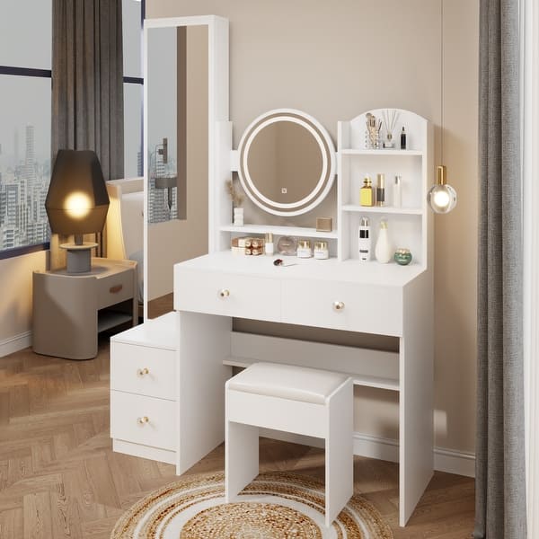 luxury bathroom dressing table Modern Bath Vanity Set, Makeup Table, Pink, White Slate Top, 76"-100",  Single, Floating, Smart LED Mirror, Sensor Light, Side Cabinet