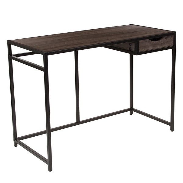 Driftwood Finish Computer Desk with Pull-Out Drawer and Metal Frame. Opens flyout.