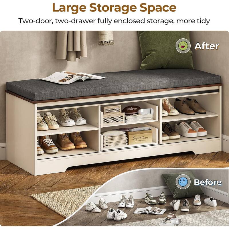 Storage Bench with Cushion Adjustable Shelf Shoe Rack Cabinet