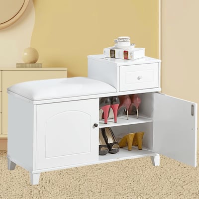 Elegant Shoe Storage Bench Cabinet with Adjustable Shelves, Fireproof PU Cushion, and Movable Drawer for Hallway Organization