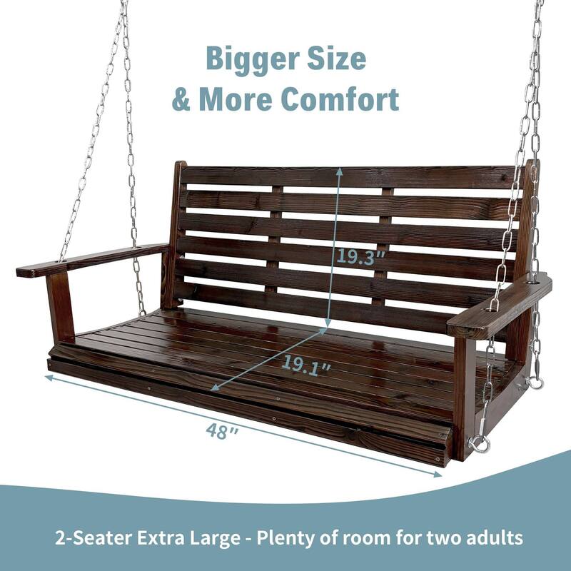 Wooden Porch Swing with Hanging Chains and 7mm Springs Heavy Duty 800 LBS for Outdoor Patio Garden Yard