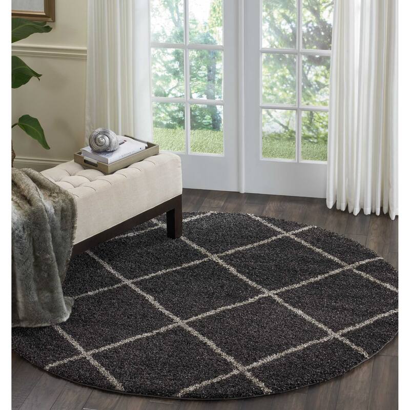 Nourison Brisbane Large Diamond Geometric Modern Shag Area Rug - 6'7" Round - Charcoal - Runner/Round