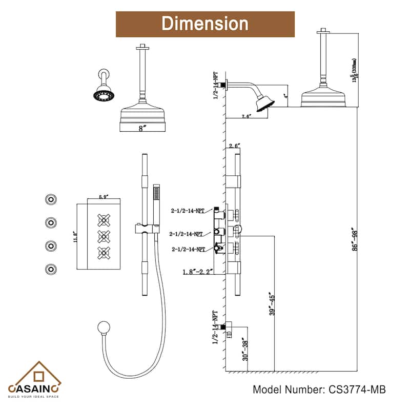 8-In Ceiling Mounted Shower System with Sliding Bar and 4 Body Sprays