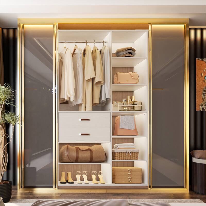 40'' Large Closet System with 10 Shelves and 2 Drawers, Freestanding Closet Organizer with Hanging Rods - 1pc - White