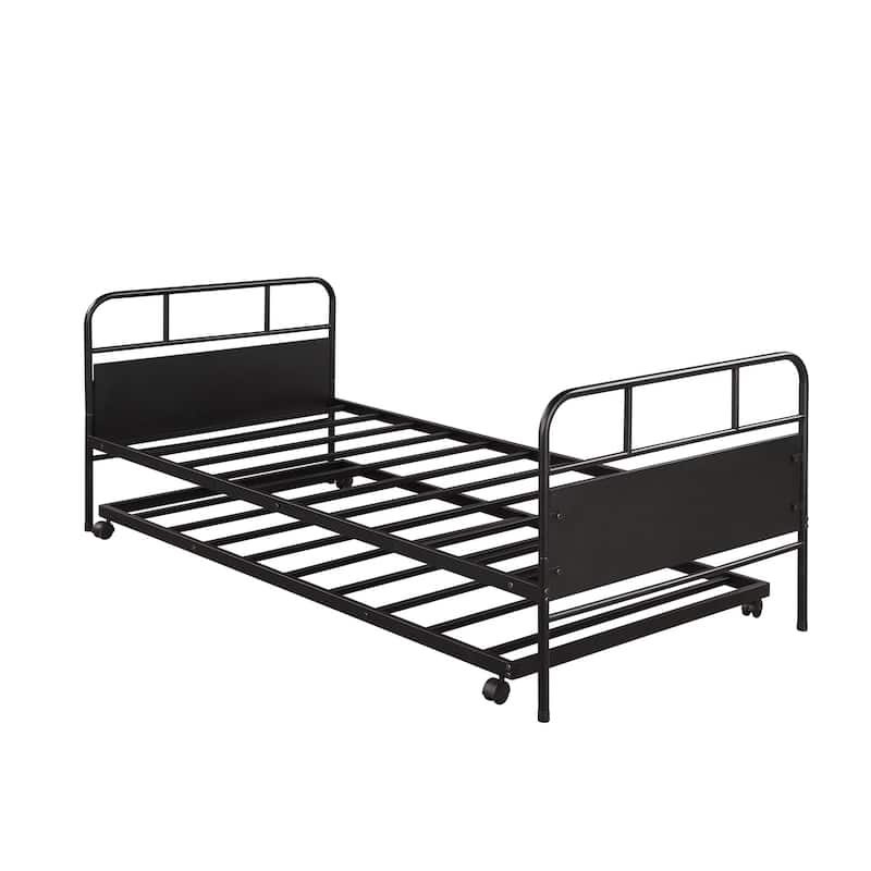 Twin Size Metal Daybed Platform Bed Frame with Pull-Out Trundle and Built-in Casters