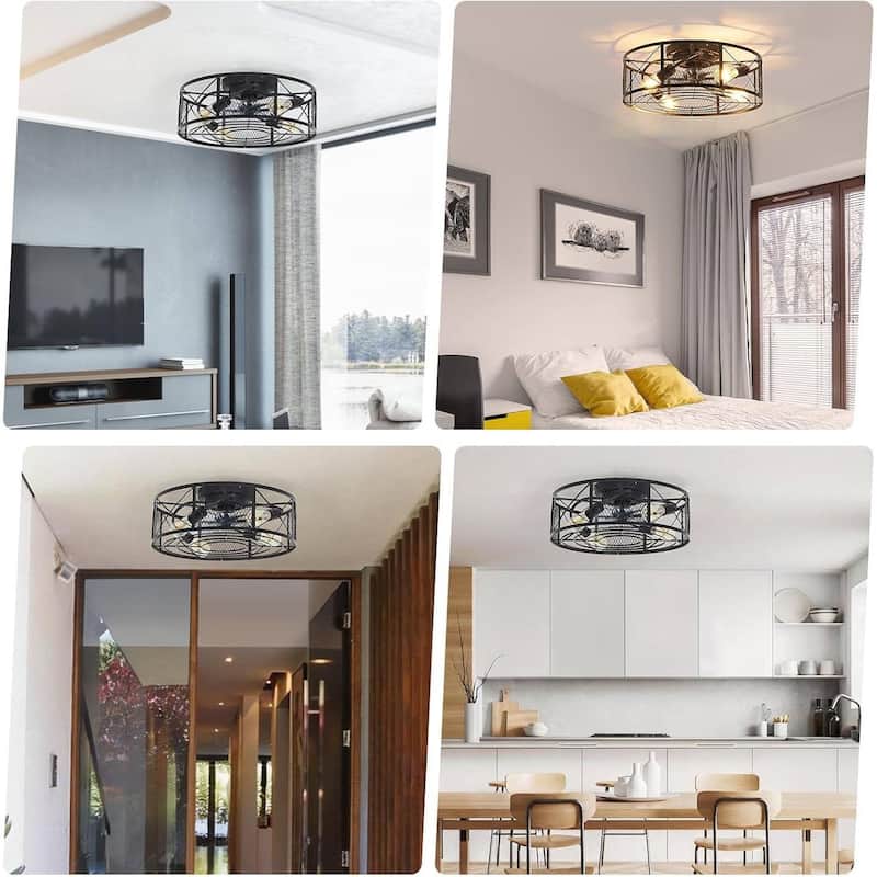 20″ 6-Speed Boho Fandelier Caged Ceiling Fan with Light, Bladeless Flush Mount Fan Lights for Bedroom