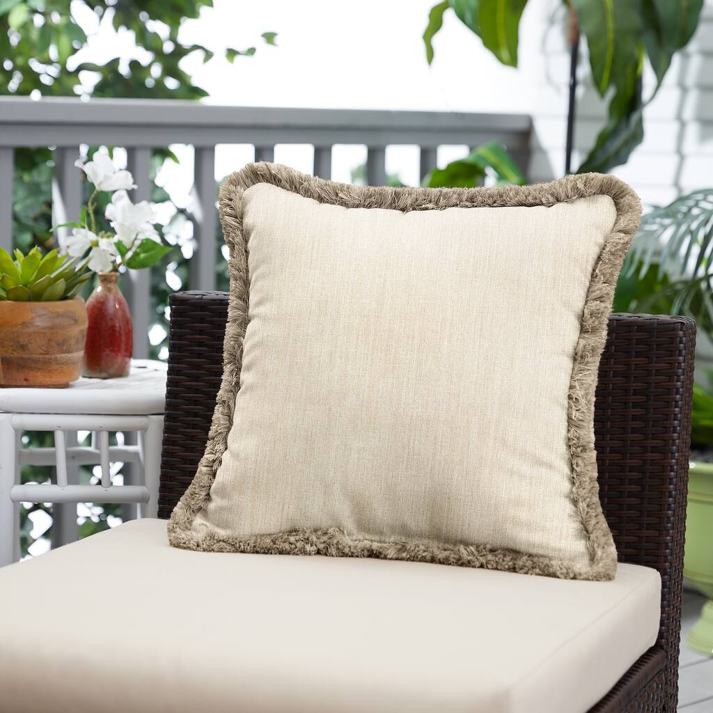 Sunbrella Cast Pumice and Taupe Fringe Indoor/ Outdoor Pillow - 18 in L x 18 in W