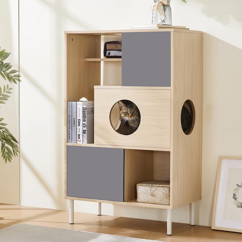 2-in-1 Modern Cat Tree & Bookshelf with Storage, Wooden Bookcase Featuring Litter Box Enclosure and Cat Climbing Shelves