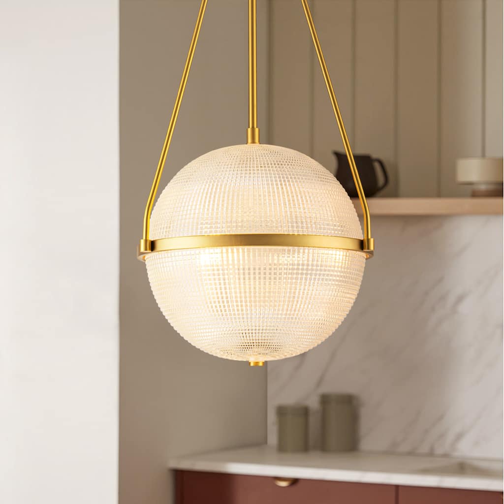 Rennnsan 3-Light 13.78" Black/Gold Mid-Century Modern Grid Glass Globe Bubble Pendant Light Kitchen Island Lighting