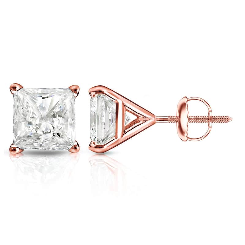 Auriya 14k Gold 1.50ctw Princess-cut Diamond Stud Earrings Martini-set (I-J, I1-I2) - Rose