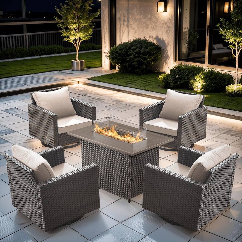 4 Pieces Swivel Chair with Fire Pit Table - Brown - Beige