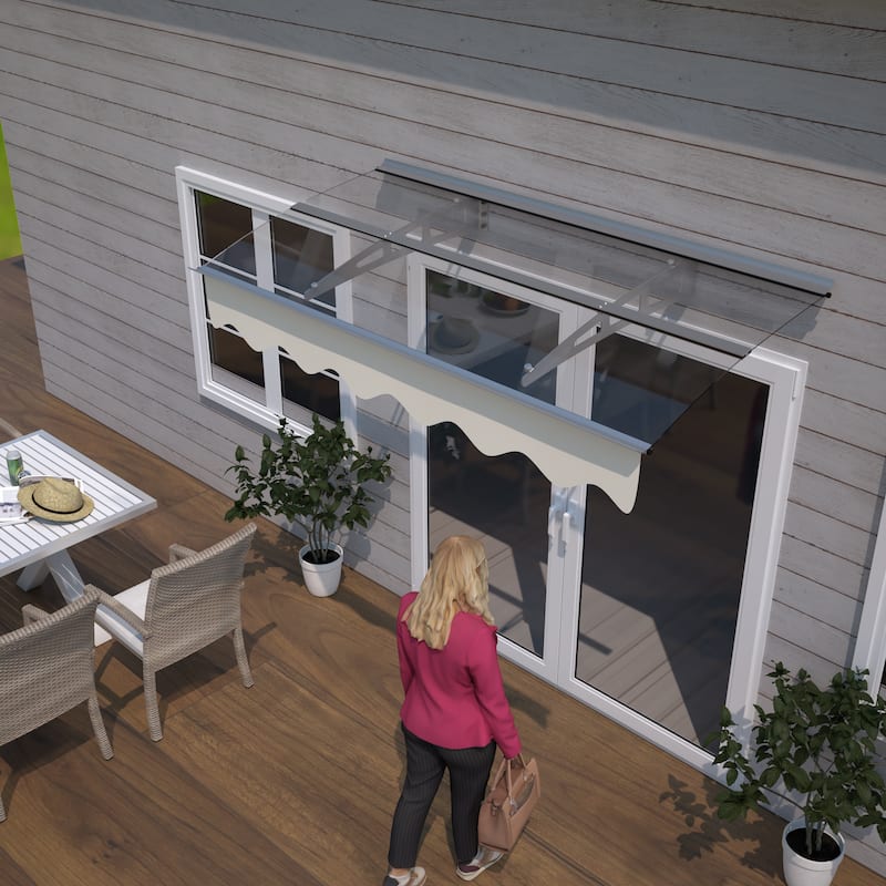 Series Door Window Awning Canopy W59"xD34" Made of 0.137Inch Thick Virtually Crystal Solid Polycarbonate Sheet with Polyester - Silver+Clear