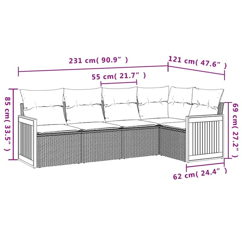 vidaXL Patio Sofa Set with Cushions Outdoor Conversation Furniture Poly Rattan - 24.4 x 24.4 x 27.2