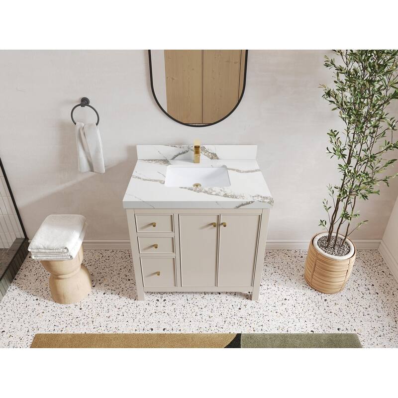 Willow Collections 36 in. W x 22 in. D Chicago Center Sink Right Bathroom Vanity with Countertop - 2” Calacatta Gold - Fine Grain