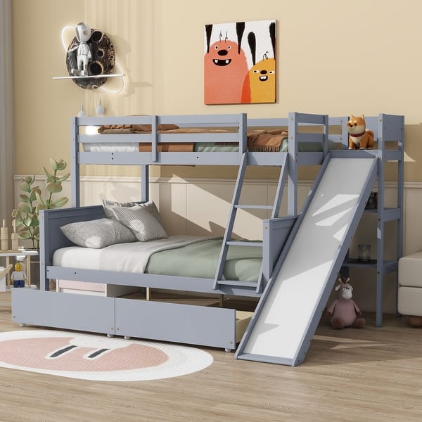 slide 2 of 11, Twin over Full Bunk Bed with 2 Drawers, Slide, Shelves, Ladder, Rubber Wood Bunk Bed with Slide, Drawers Grey
