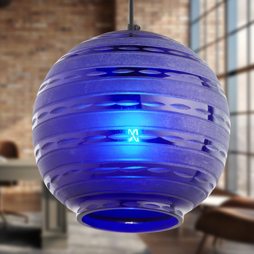 Hayley River of Goods Black Metal and Blue Blown Glass 9.5-Inch Pendant Light with Adjustable Hanging Cord - 9.5" x 9.5" x 64"