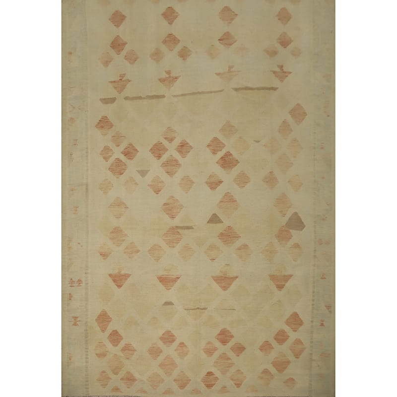 Hand Woven Oriental 100% Wool Carpet Southwestern Tribal Beige & Ivories Kilim Area Rug - 12' 9'' X 10' 0''