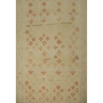 Hand Woven Oriental 100% Wool Carpet Southwestern Tribal Beige & Ivories Kilim Area Rug - 12' 9'' X 10' 0''