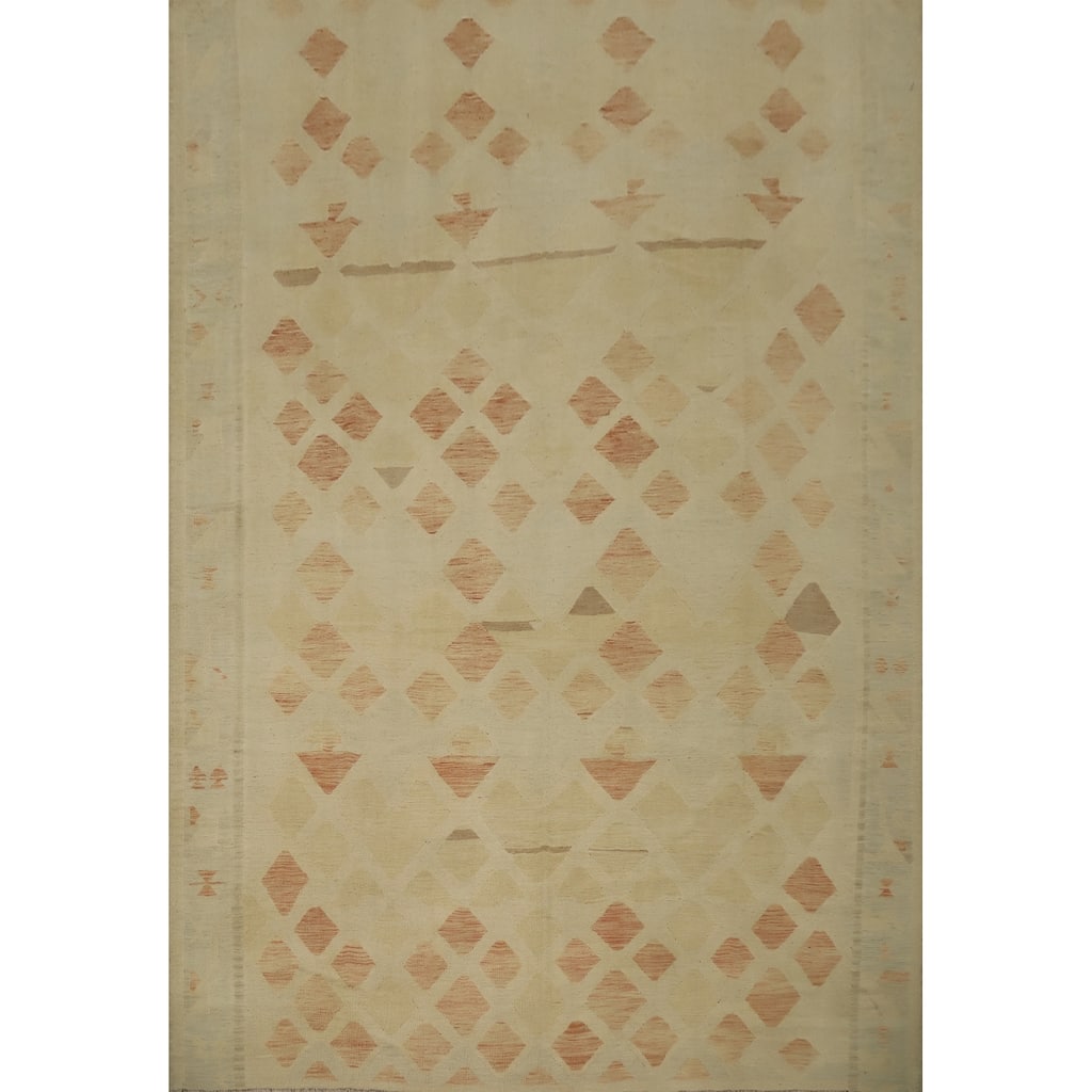 Hand Woven Oriental 100% Wool Carpet Southwestern Tribal Beige & Ivories Kilim Area Rug - 12' 9'' X 10' 0''