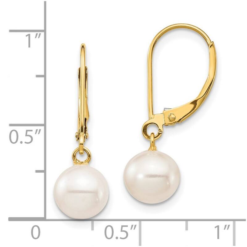 Curata 10k Yellow Gold 7-8mm White Round Freshwater Cultured Pearl Leverback Earrings