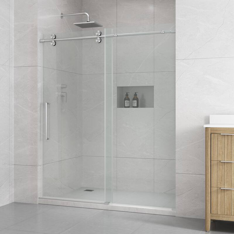 Reva Frameless Sliding Clear Alcove Shower Door Black - 60" - Satin Nickel