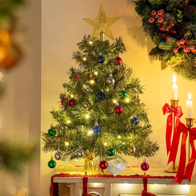 24"/2FT Small Christmas Tree with Lights, Pre-lit Artificial Xmas Tree Green LED Mini Tree for Christmas Decorations