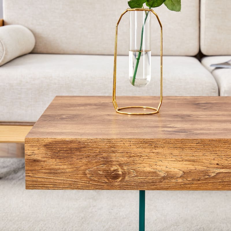 Living Room Dining Table Accent Table with Wood Grain Top, Square Coffee Table with Tempered Glass Legs