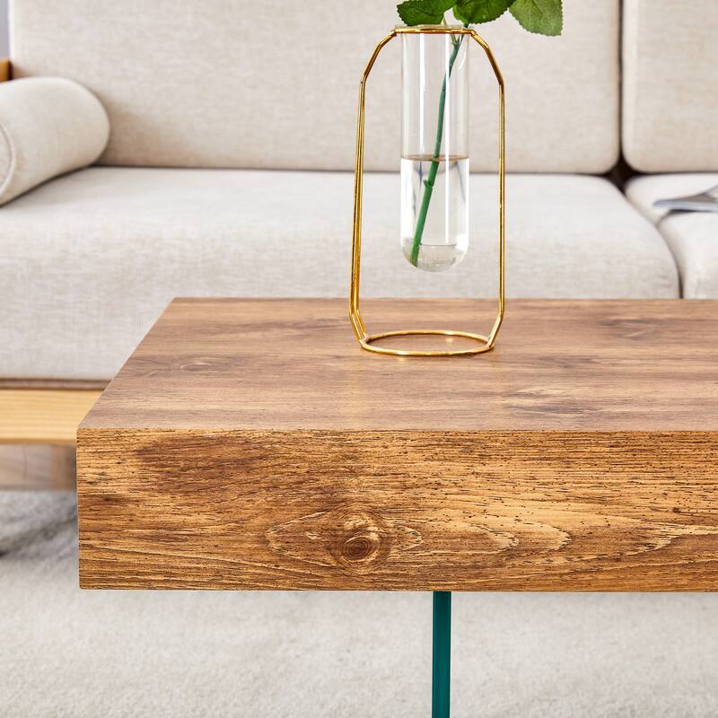 Natural Style MDF Coffee Table - 39.3"x21.6" with Tempered Glass Legs.Density Board Sticker,Reinforced Glass.