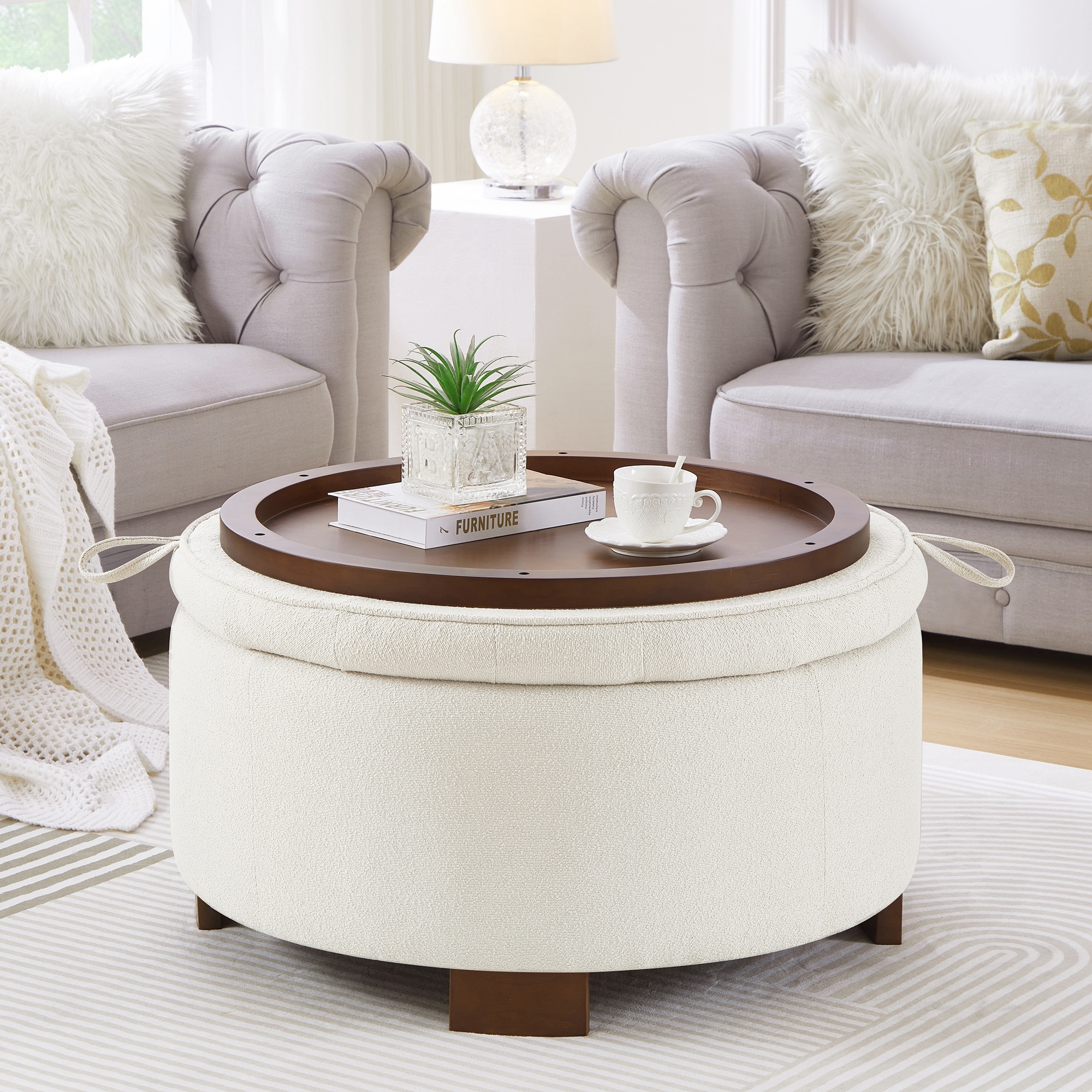 GDFStudio Zephyrel Boucle Round Storage Ottoman with Reversible Tray Top and Hidden Storage