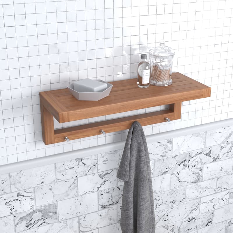 Moa Teak Wall Shelf with Hooks