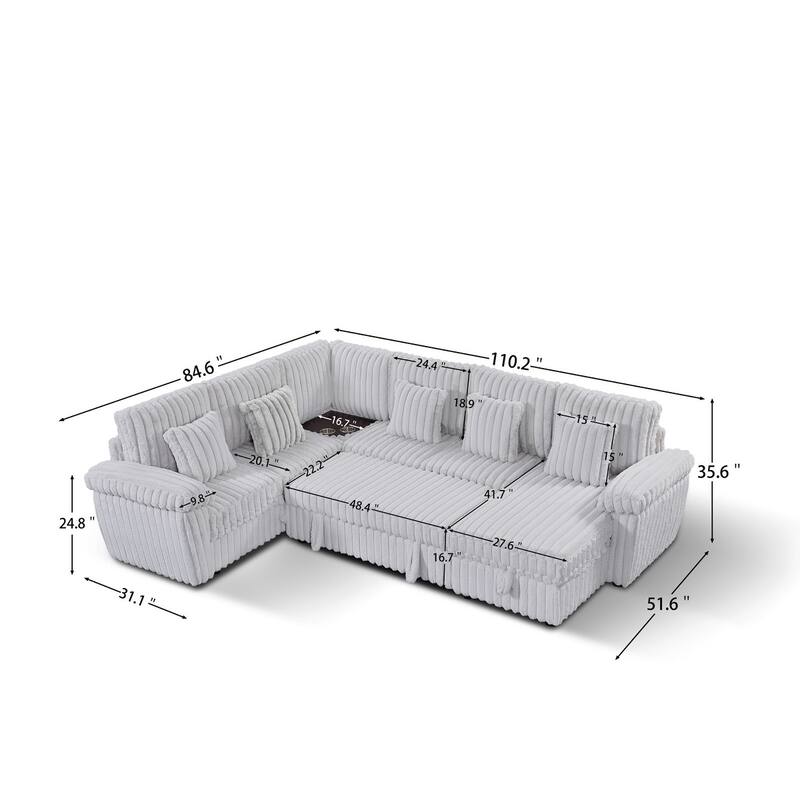 110" U-shaped Corduroy Sectional Sofa, Corner Coffee Table with USB port, Pull-out Bed