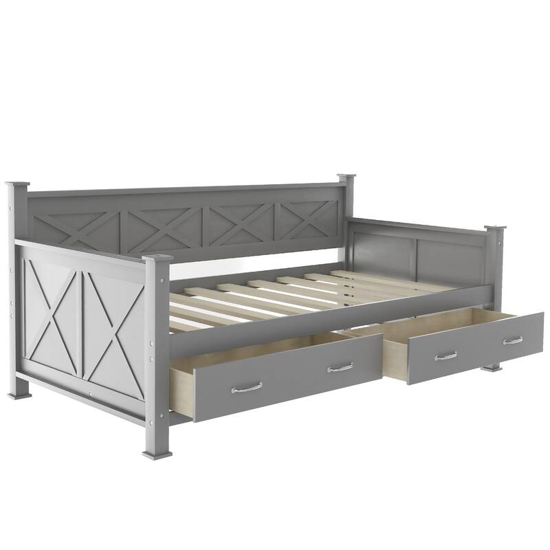 Modern Twin Daybed with X-Frame & 2 Large Drawers, Rustic Style, Gray
