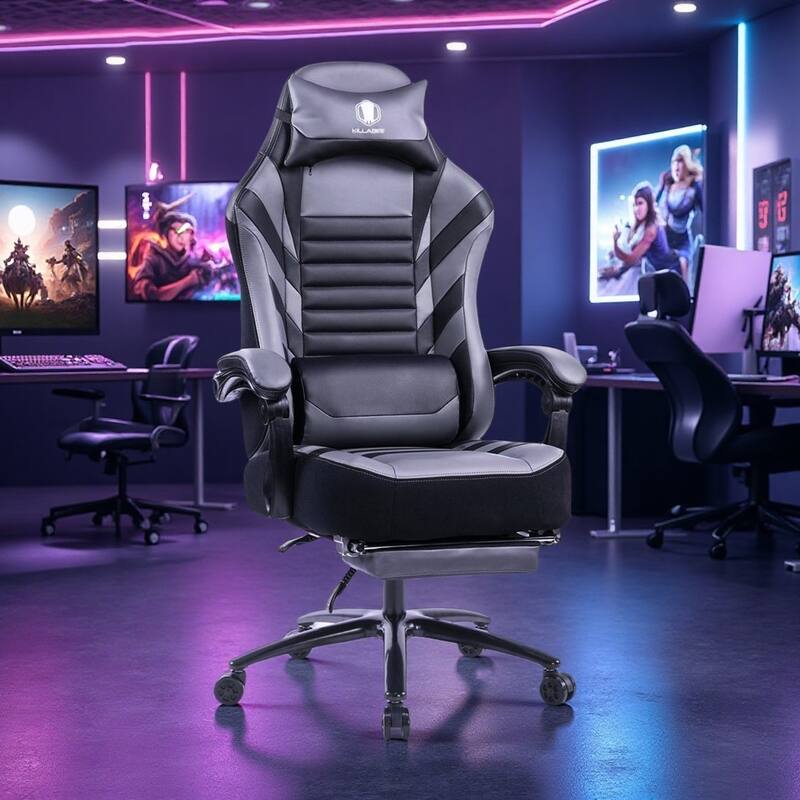 PU Racing Gaming Chair with Massage Lumbar Support and Retractable Footrest - Grey
