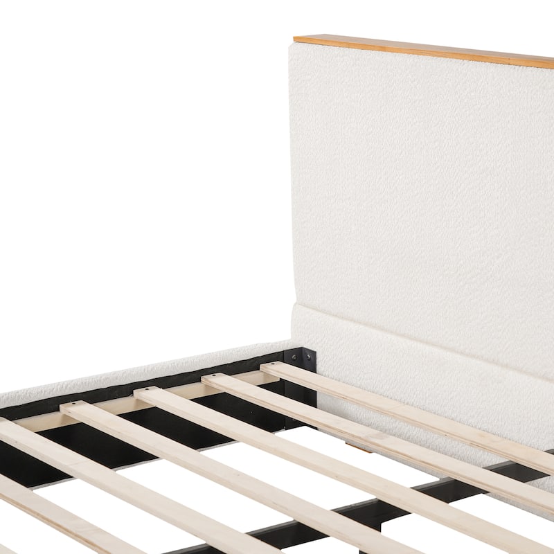 Christopher Knight Home - Verdes Modern Soft Boucle Upholstered Platform Bed with Solid Wood Legs, Trim & Padded Headboard