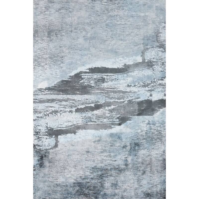 Hand Knotted Oriental Viscose Silk Carpet Modern Pictorial Navy Blue & Blues Abstract Area Rug - 7' 6'' X 5' 8''